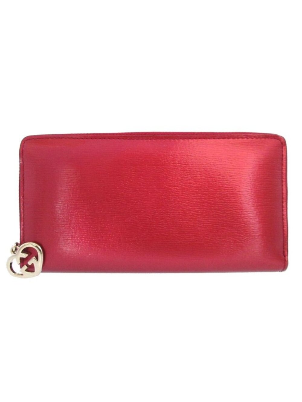 Gucci Interlocking G Lovely Heart Leather Metallic Red Zip Around Wallet
